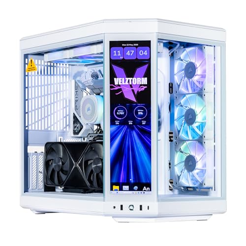 Velztorm LCD White Praetix Custom Built Y70 Touch Gaming Desktop PC (GeForce RTX 5080 16GB (>4090), Liquid Cooled Intel i9-14900K, 32GB DDR5, 2TB PCIe SSD, 1000W PSU, WiFi 6, Win11Home)
