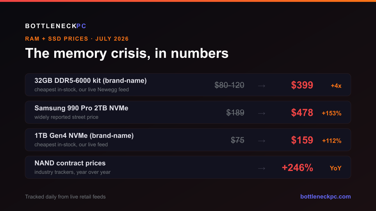 Memory crisis price chart: 32GB DDR5 kits from $80-120 to $399, Samsung 990 Pro 2TB from $189 to $478, 1TB Gen4 NVMe from $75 to $159, NAND contract prices up 246% year over year