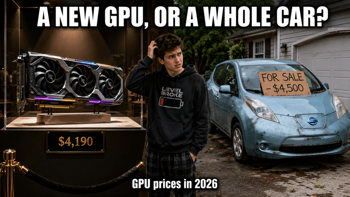 A new GPU or a whole car? An RTX 5090 graphics card priced at $4,190 next to a used Nissan Leaf for sale at $4,500 - GPU prices in 2026
